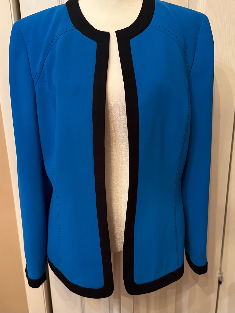 Kasper Electric Blue Open-Front Jacket with Black Trim